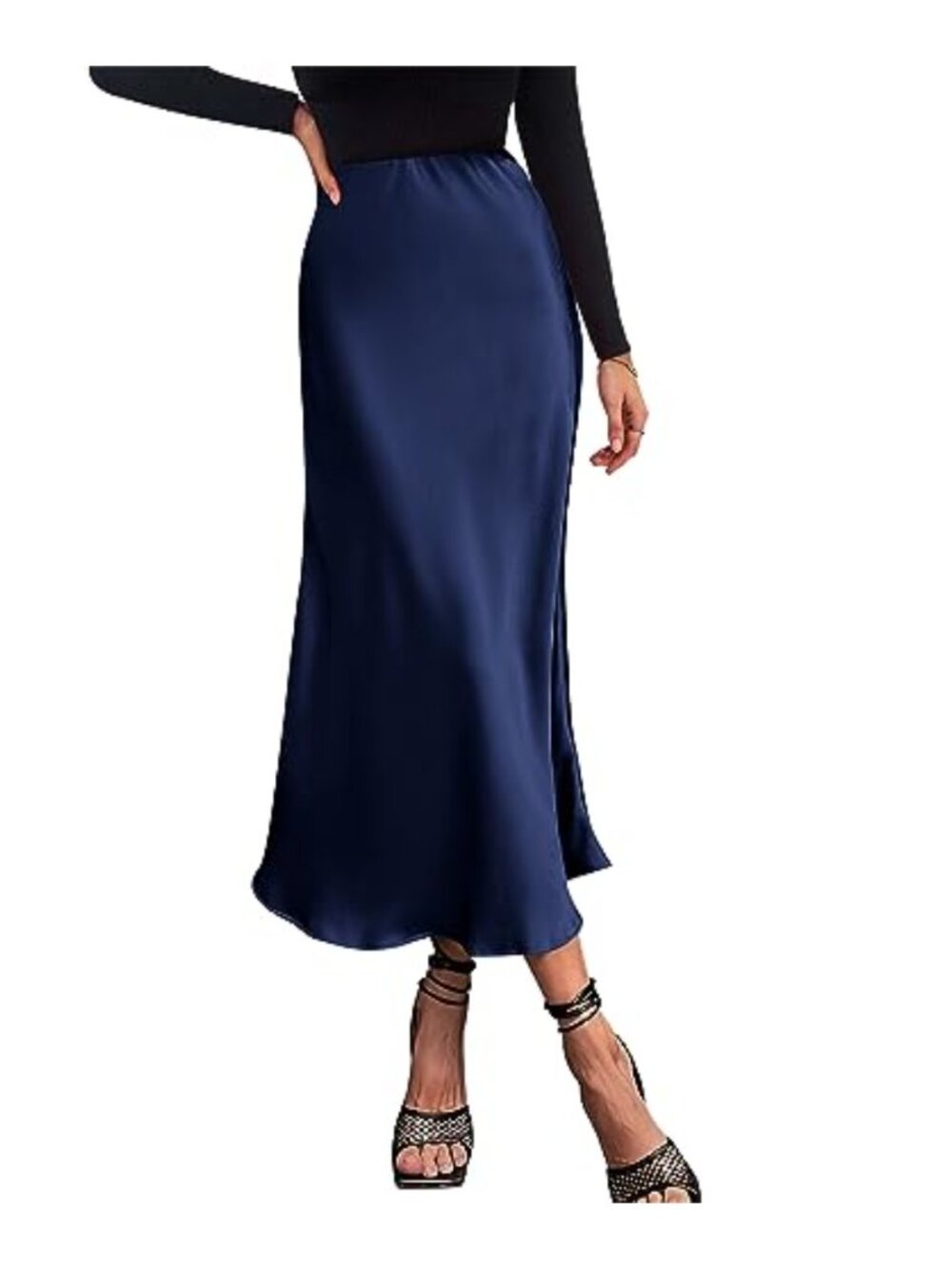 Satin Midi Skirt High Waist Elastic A-Line Silk Flowy